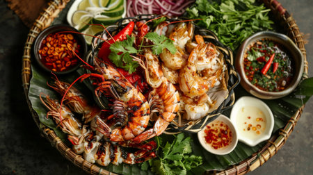 Thai-style grilled seafood platter featuring prawns, squid, and fish, served with spicy dipping sauces and fragrant herbs.の素材
