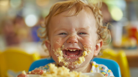 Toddler giving a big, toothy grin while enjoying a messy snack of mashed bananasの素材