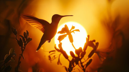 Silhouette of a hummingbird against the setting sun, a symbol of grace and freedomの素材