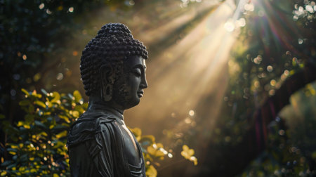 Sunlight streaming through trees, casting a heavenly glow on the back of a Buddha statueの素材