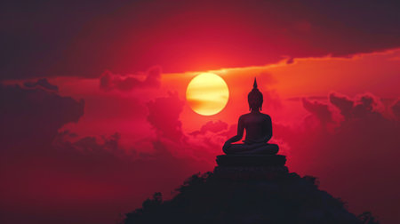 The tranquil silhouette of a Buddha image set against the fiery hues of a sunriseの素材