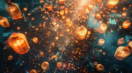 Spectacular aerial view of a cityscape adorned with floating lanterns during a festive celebration, a sight to behold.の素材
