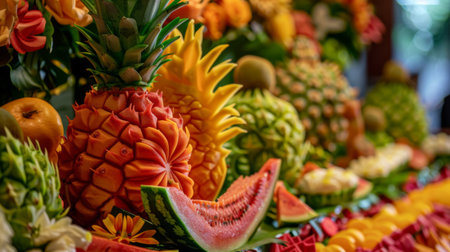 Vibrant fruit carving display featuring intricately carved fruits such as watermelon and pineapple, a Thai culinary tradition.の素材