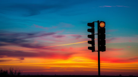Silhouette of a traffic light against a colorful sunset sky, signaling the end of the day's commute.の素材