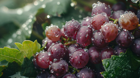 Water droplets forming on the surface of a freshly washed and ripe bunch of grapesの素材