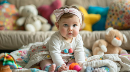 Sweet baby girl sitting on a soft blanket, surrounded by colorful toys and stuffed animalsの素材