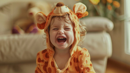 Toddler dressed in a cute costume, laughing joyfully during a playful dress-up sessionの素材