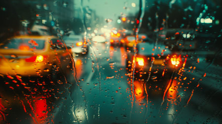 Traffic lights captured through a rainy windshield, adding a cinematic mood to urban driving scenes.の素材