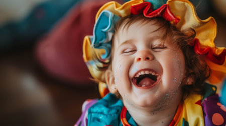 Toddler dressed in a cute costume, laughing joyfully during a playful dress-up sessionの素材