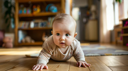 Playful infant crawling across the floor, exploring their surroundings with curiosityの素材