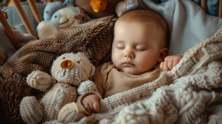 Newborn baby sleeping soundly in a cozy crib, surrounded by plush blankets and toysの素材