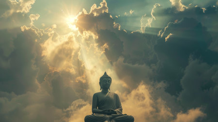 Sunlight shining through clouds, creating a heavenly aura around a Buddha statueの素材