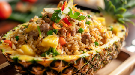 Thai-style fried rice served in a pineapple boat, adorned with colorful vegetables and succulent pieces of meat.の素材