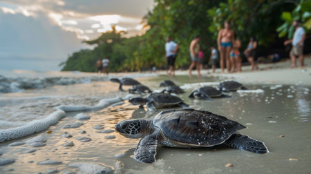 Sea turtle hatchlings making their way to the ocean under the watchful eye of conservationistsの素材