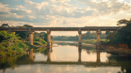 High-speed rail bridge spanning over a river, a testament to infrastructure development and connectivity.の素材