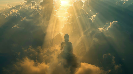 Sunlight shining through clouds, creating a heavenly aura around a Buddha statueの素材