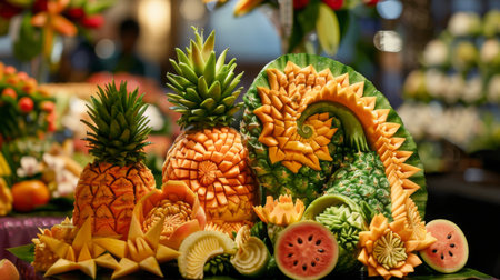 Vibrant fruit carving display featuring intricately carved fruits such as watermelon and pineapple, a Thai culinary tradition.の素材