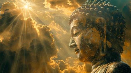 Sunlight shining through clouds, creating a heavenly aura around a Buddha statueの素材