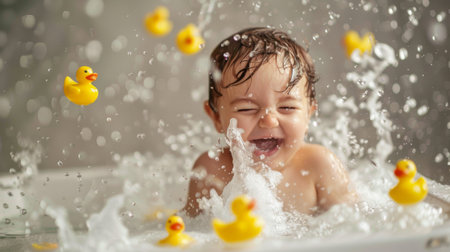 Playful toddler splashing joyfully in a bubbly bath, surrounded by rubber ducksの素材