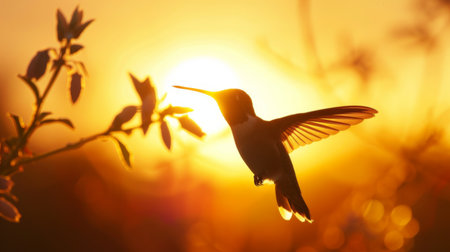 Silhouette of a hummingbird against the setting sun, a symbol of grace and freedomの素材