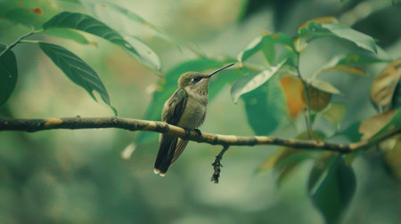 Hummingbird perched on a branch, its long beak probing for insects among the leavesの素材