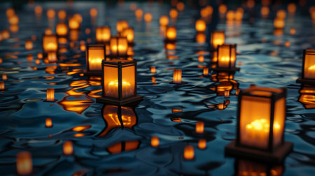 Rows of illuminated floating lanterns casting reflections on the water's surface, creating a magical ambiance.の素材