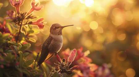 Hummingbird bathed in the soft glow of dawn, greeting the day with energy and vitalityの素材