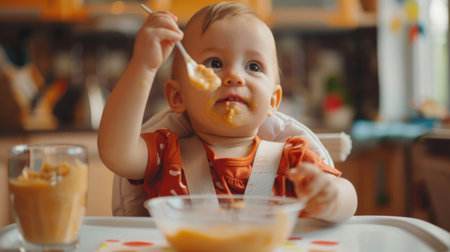 Toddler sitting in a high chair, eagerly reaching for a spoonful of pureed foodの素材