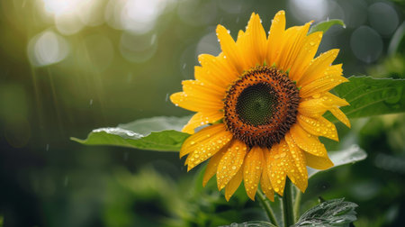 Raindrops clinging to the vibrant petals of a freshly bloomed sunflower, enhancing its radianceの素材