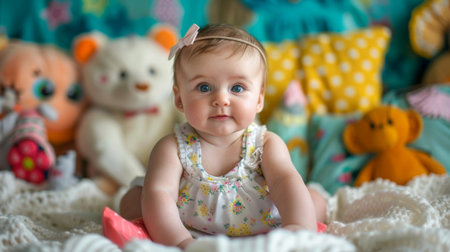 Sweet baby girl sitting on a soft blanket, surrounded by colorful toys and stuffed animalsの素材