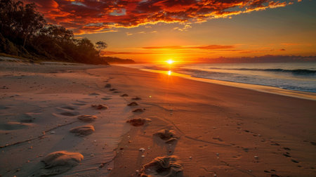 A breathtaking sunrise over a tranquil beach, casting a warm glow over the sand and sea, evoking a sense of peace and renewal.の素材