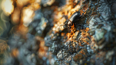 A beetle exploring the textured surface of a tree trunk, its movements adding life to the forest sceneryの素材