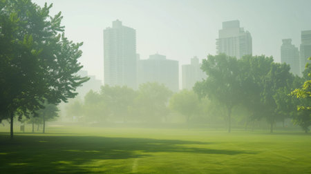 A city park obscured by haze and smog, diminishing the quality of outdoor recreationの素材