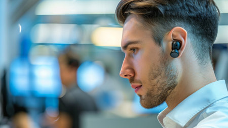 A businessman using wireless earbuds for hands-free communication while multitasking in the office, maximizing productivity and efficiency.の素材
