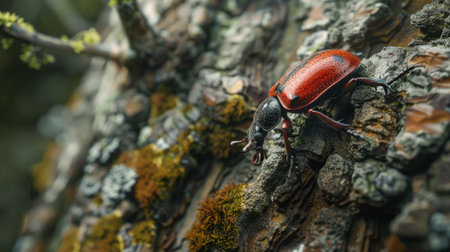 A beetle exploring the textured surface of a tree trunk, its movements adding life to the forest sceneryの素材