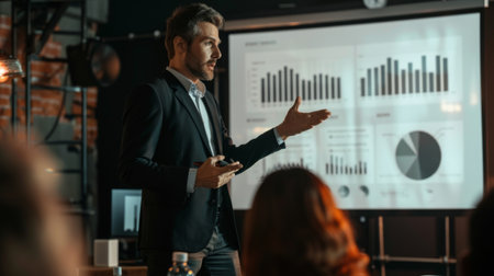 A businessman giving a presentation with a large business graph displayed on a screen behind him, sharing insights and strategies with his audience.の素材