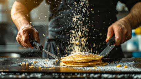 A chef skillfully flipping pancakes on a griddle, promising a delicious breakfast feastの素材