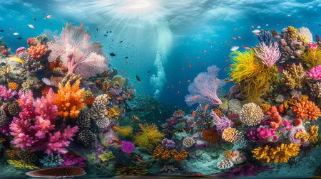 A breathtaking underwater shot of colorful coral reefs teeming with vibrant marine life, a diver's paradiseの素材