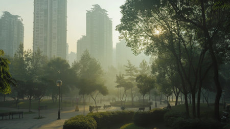 A city park obscured by haze and smog, diminishing the quality of outdoor recreationの素材