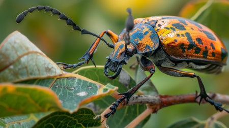 A close-up of a beetle with metallic hues crawling on a leafy branch, showcasing nature's brillianceの素材