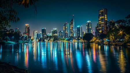 A city skyline glittering with lights reflected in the tranquil waters of a river below, creating a stunning nocturnal panorama of urban beauty and elegance.の素材