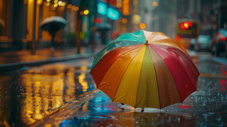 A colorful umbrella against a backdrop of rain-soaked streets, reflecting the vibrant energy of city life amidst the seasonal showers.の素材