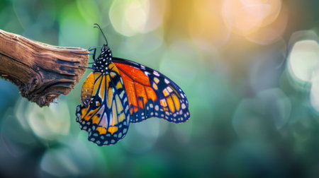 A butterfly emerging from its chrysalis on a tree branch, symbolizing transformation and renewalの素材