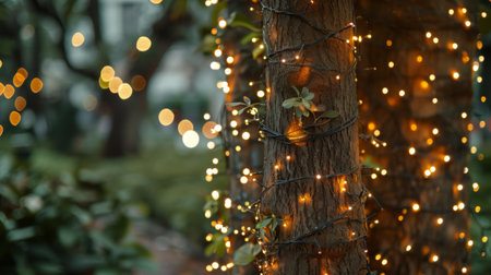 A close-up of sparkling fairy lights wrapped around a tree trunk, adding a magical touch to outdoor spaces and creating a whimsical ambiance.の素材