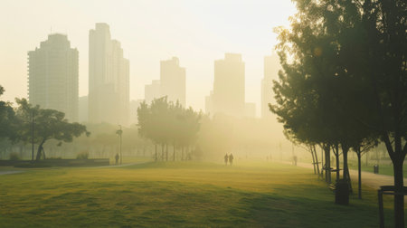 A city park obscured by haze and smog, diminishing the quality of outdoor recreationの素材
