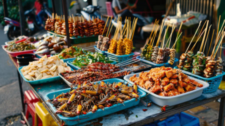 A colorful array of Thai street snacks, including crispy fried insects, skewered meats, and spicy papaya saladの素材