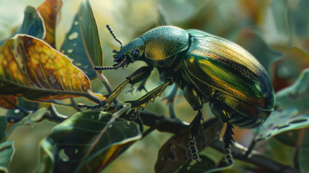 A close-up of a beetle with metallic hues crawling on a leafy branch, showcasing nature's brillianceの素材