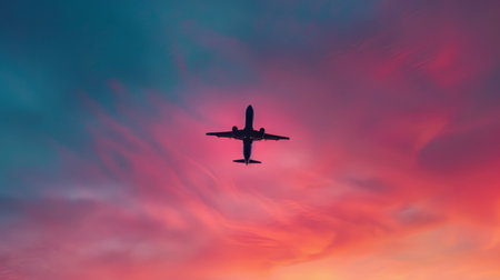 A commercial airliner ascending into a vibrant sunset sky, its silhouette framed by the colorful hues of dusk, symbolizing the journey towards new horizons.の素材
