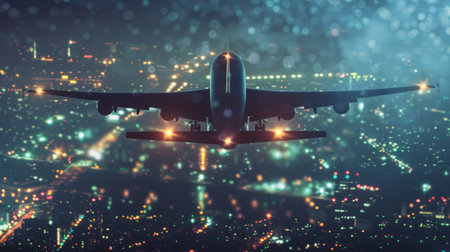 A commercial airliner descending towards the airport, its sleek silhouette illuminated by the city lights below, heralding the end of a journey and the beginning of new adventures.の素材