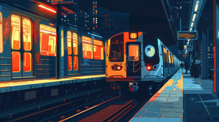 A commuter train pulling into a station platform, its doors open to welcome passengers eager to embark on their journeys through the cityscape.の素材